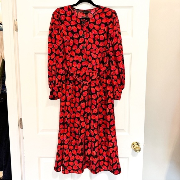 Who What Wear Long Sleeve Bold Button Dress Black Red Floral Leaf sz Large - Picture 4 of 8